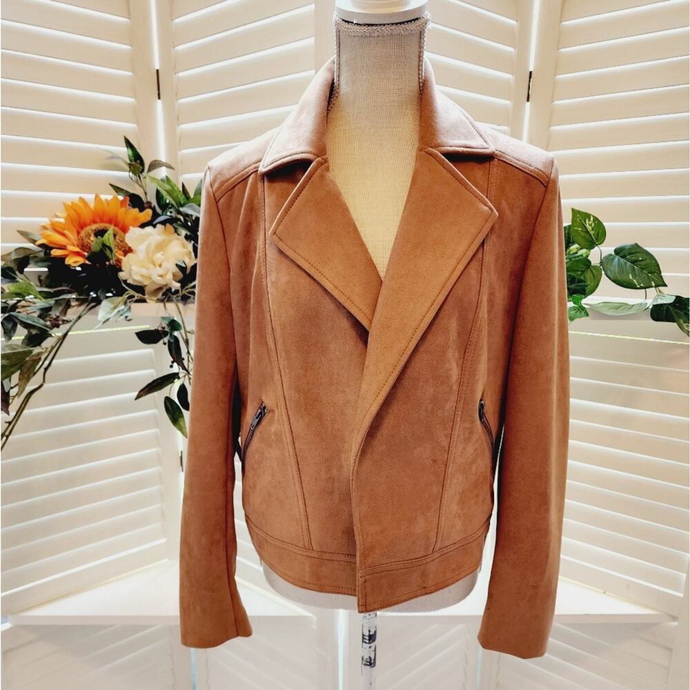 PHILOSOPHY SUEDE FAUX LEATHER LIGHT BROWN JACKET ZIP POCKETS LARGE